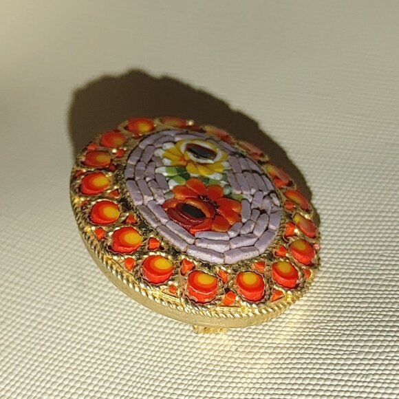 Vtg Italian Micro Mosaic Floral Oval Brooch Red Yellow Accents Gold Tone Pin - Picture 7 of 13